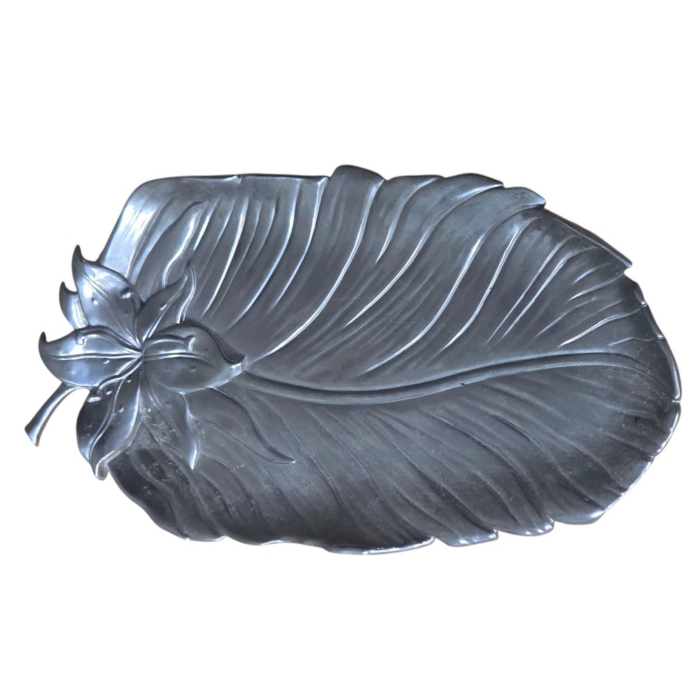 Fitz and Floyd Silver Metal Leaf Platter Decorative Tray with Flower Accent 12in